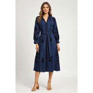 Julia Amory Coatua Caftan Embroidered Midi Dress Navy Blue Black Women Small